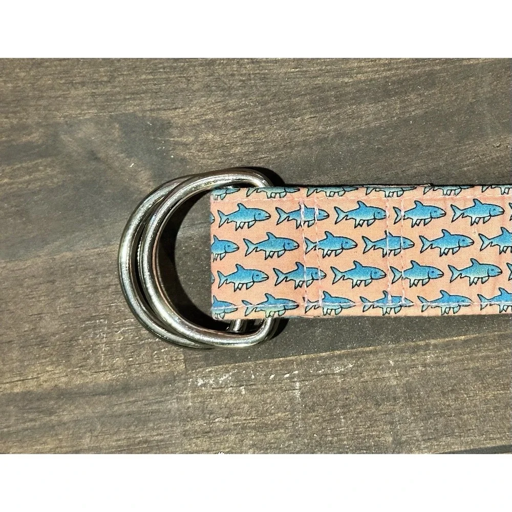 Vineyard Vines Cotton Belt With Blue Sharks on Pink Sz Medium Silver Buckle